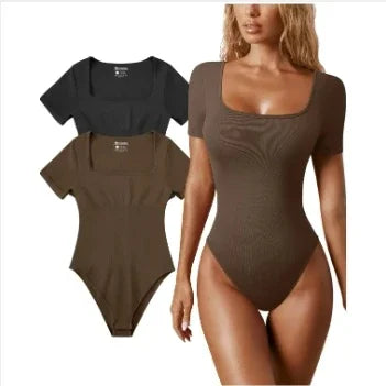 Summer sexy short sleeve ribbed square neck thong bodysuits one piece square bodysuits tummy control body shapers