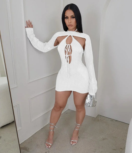 Women Halter Crochet Dress Two Piece Set Halter Neck Tied Dress with Cover Up