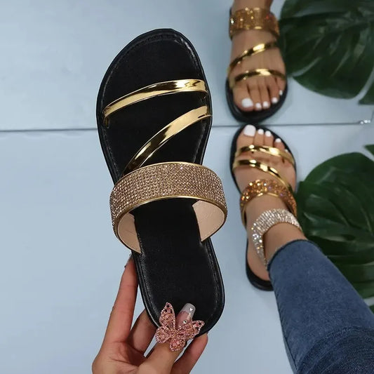 Summer for Women Flat Sandal Sparkle Rhinestone Slide Trendy Women's Beach Sparkly Dressy Slip on Bling Casual