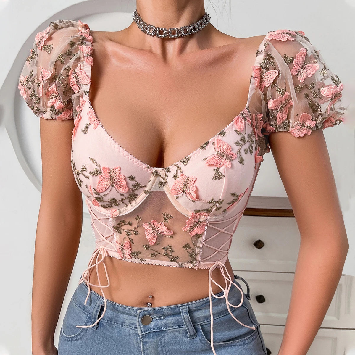 Butterfly Embroidery Sexy Lingerie Mesh See-through V-Neck Backless Boho Chic Streetwear Y2k Women Underwear Set