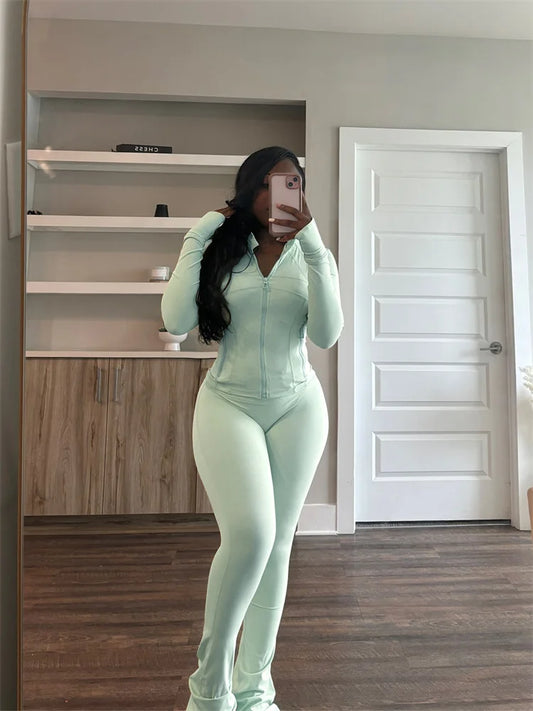 Autumn And Winter New Long Sleeves Zipper Crop top Suits Tracksuits Women's Suits Fashion Pants Female Soild 2 Piece Sets