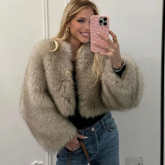 Women Warm Furry Long Sleeve Loose V Neck Female Outerwear Autumn Winter Fashion Street All Match Lady Overcoat