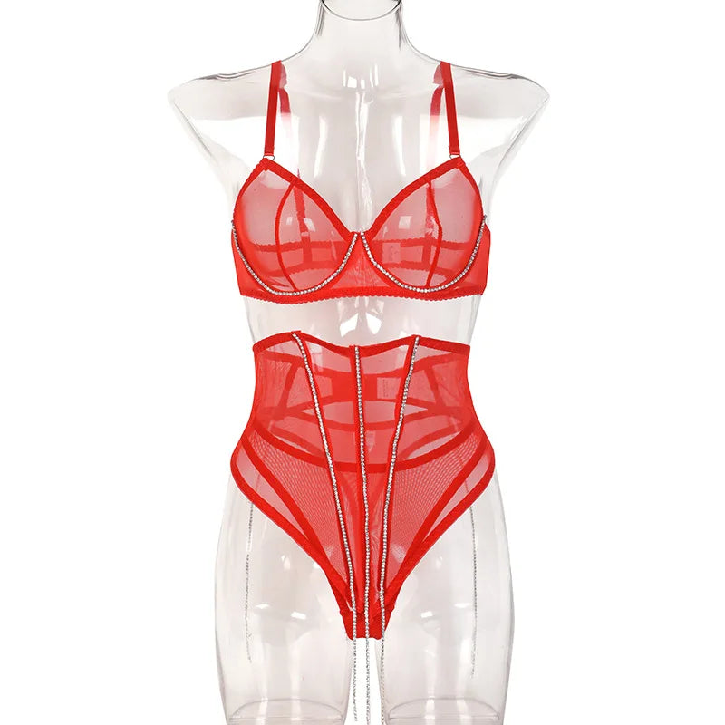 Rhinestone Lingerie With Waistband Sheer Lace Sensual Underwear Glitter Tassels Naked Women Uncensored Sexy Intimate