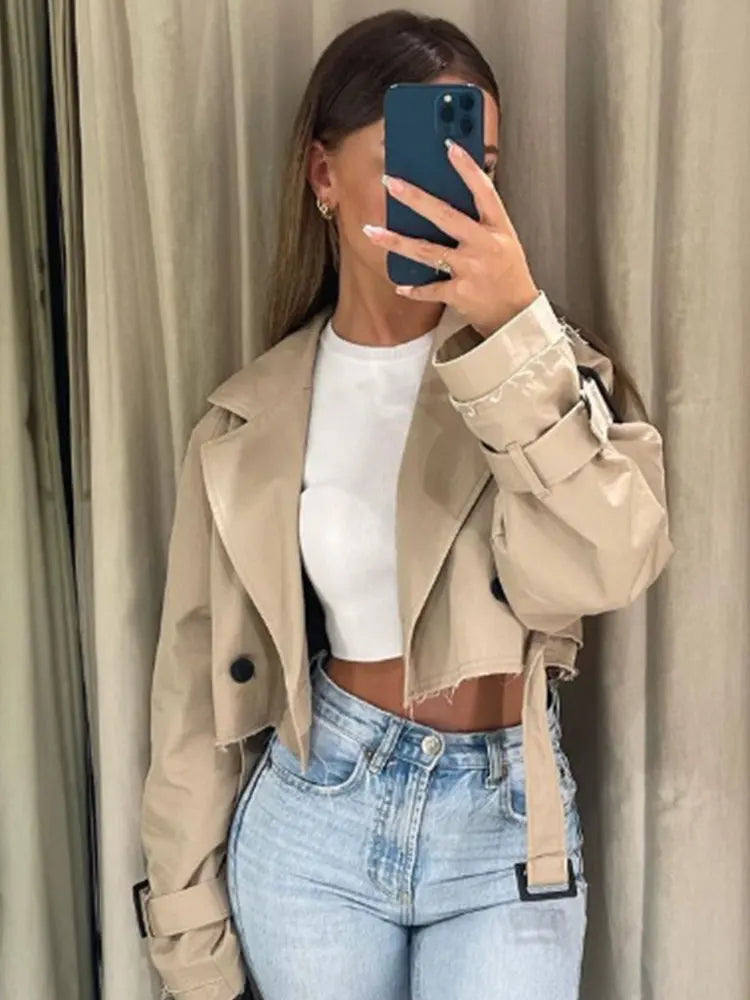 Belt Cropped Trench Spring Jacket Women Vintage Streetwear Double Breasted Long Sleeve Top Female Coat Outfits