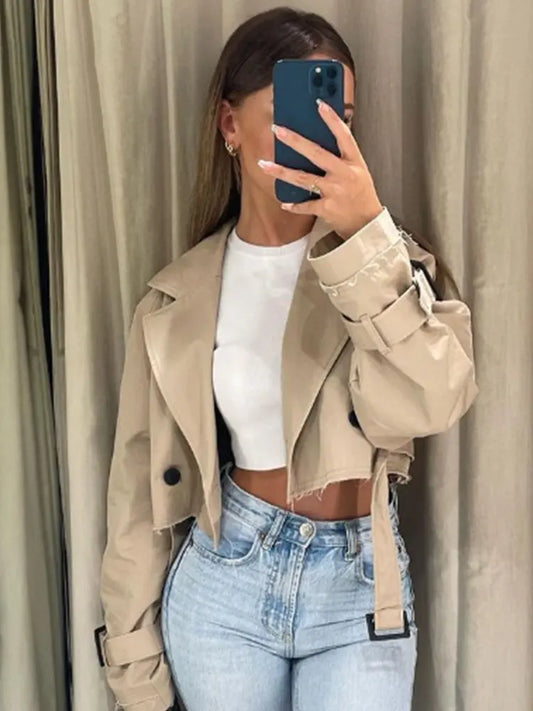 Belt Cropped Trench Spring Jacket Women Vintage Streetwear Double Breasted Long Sleeve Top Female Coat Outfits
