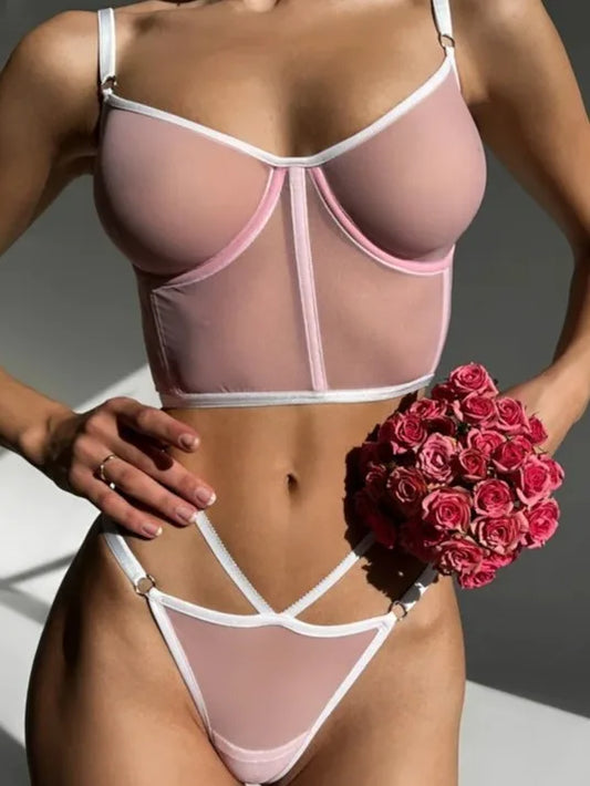 New Pink Fishbone  Set Sexy Thin Perspective Three Point French Two Piece Tight Fitting Ultra-thin Yarn Transparent Clothing I4Y