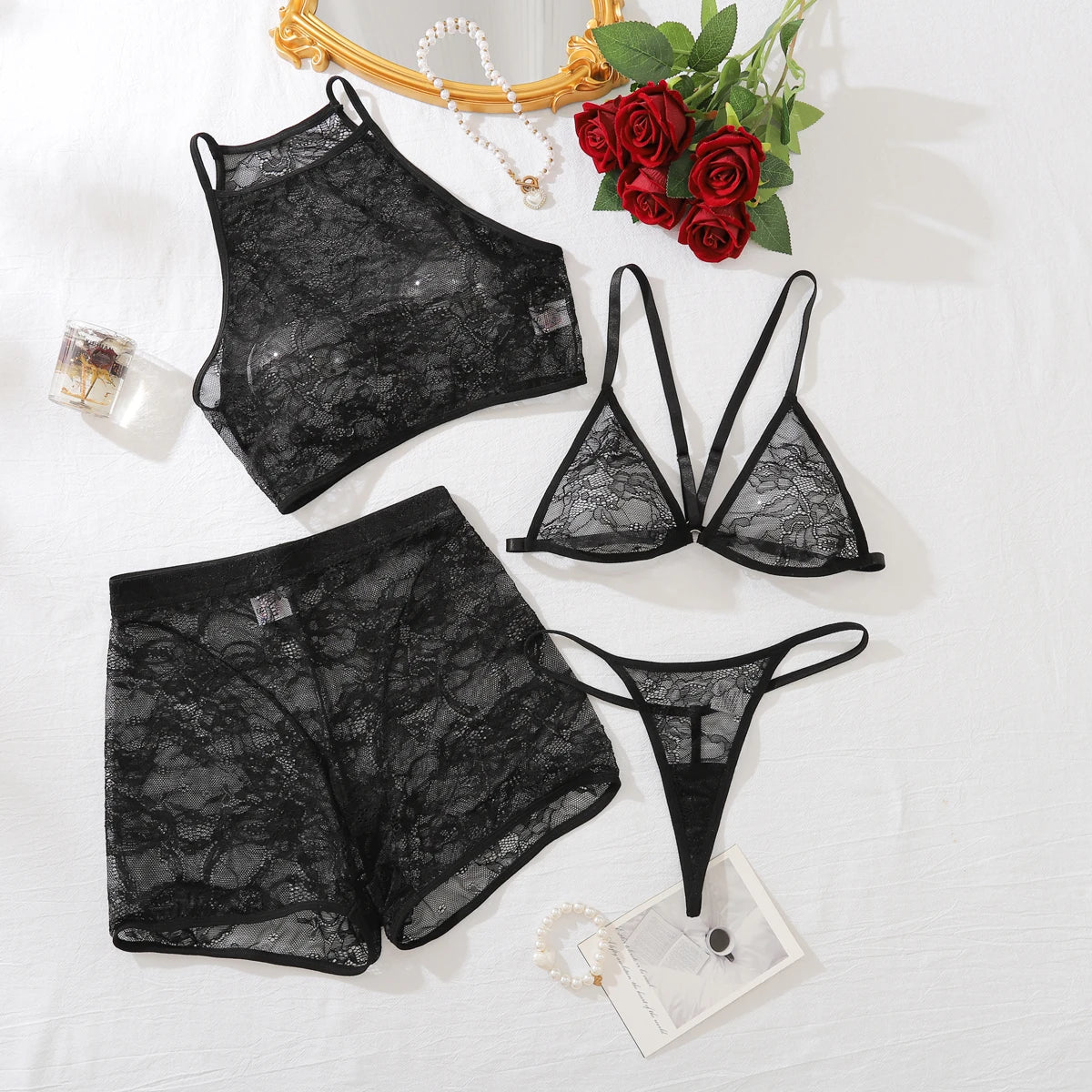 Fashion in Europe and the United States New Hot Lace Neck Mesh See-through Sexy Underwear Four-Piece Set
