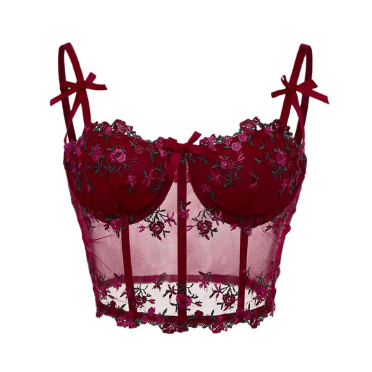 Sexy Lace Floral Embroidery Bow Corset For Women Camisole Sheer Mesh Fishbone Slim Crop Top Wired Bra