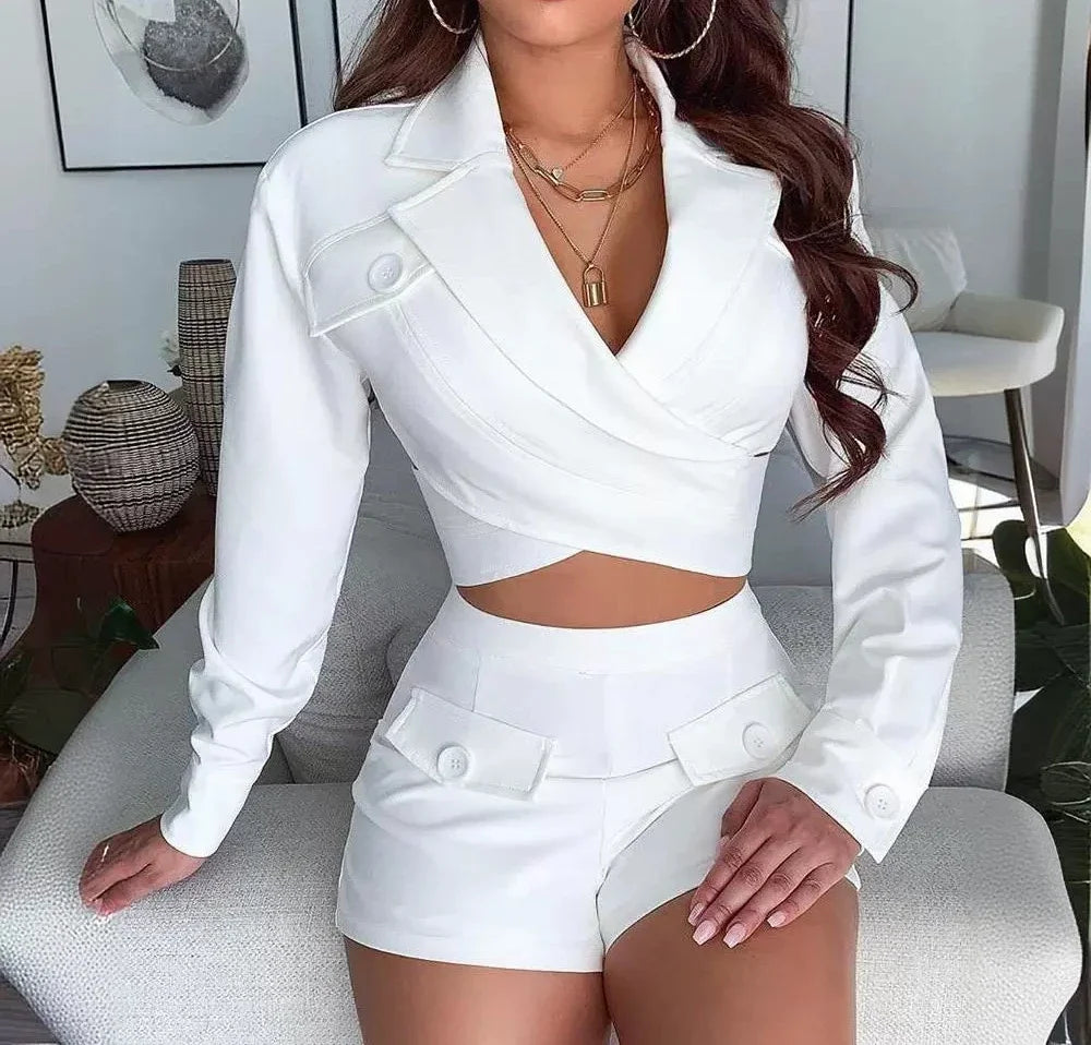Women's Sets with Short and White V-neck Cross Top New Elegant Long Sleeved T-shirt and Half Pants Suit for Female Summer 2024