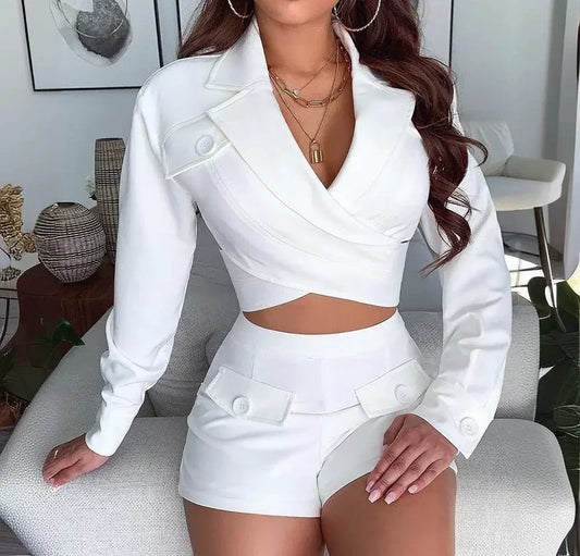 Women's Sets with Short and White V-neck Cross Top New Elegant Long Sleeved T-shirt and Half Pants Suit for Female Summer 2024