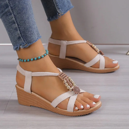 Women Solid Color Wedge Sandals  New Ankle Buckle Non Slip Gladiator Shoes Woman Fashion Chunky Platform Sandals