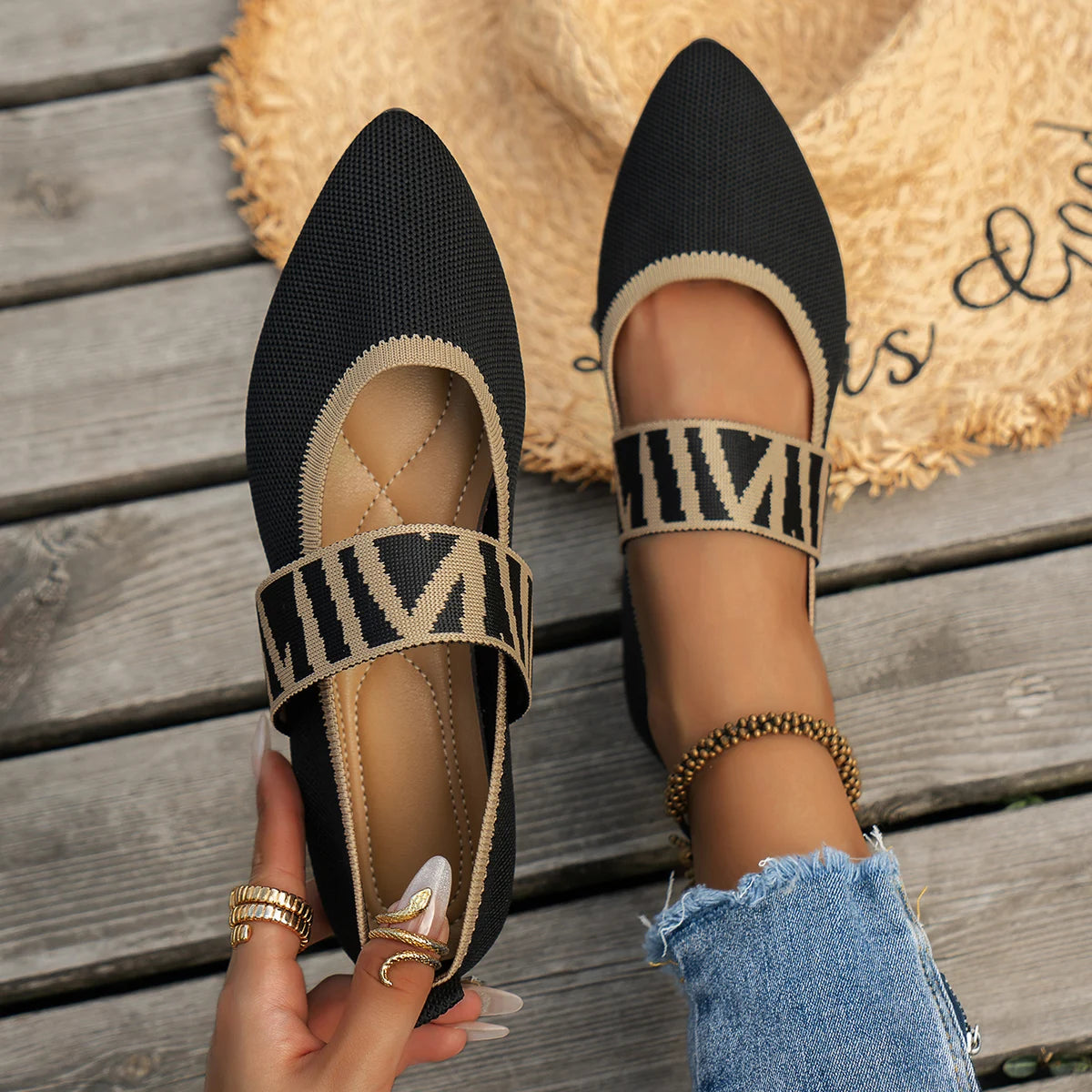 Women's Color Block Knitted Flat Shoes Chic Ballerinas Casual Striped Straps Pointed Women