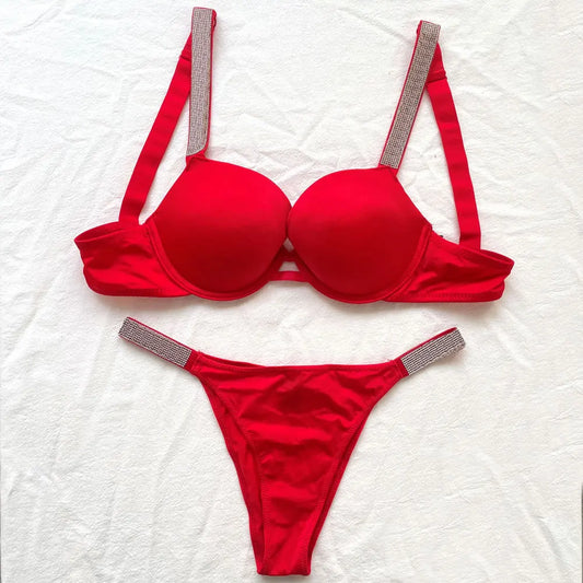 Satin Letters Rhinestone Underwear 2 Piece Set Sexy Underwear Panty Set Comfortable Push Up Bra Women Brand Underwear