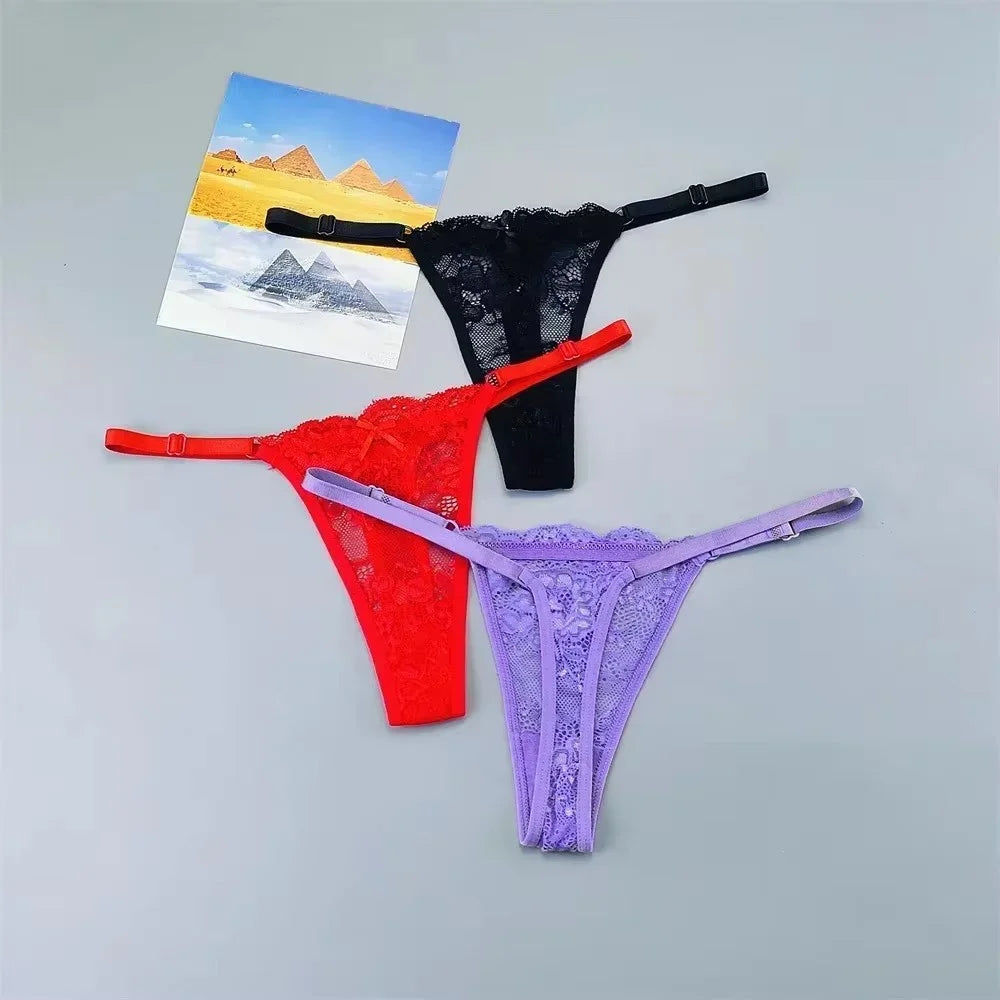 3Pcs Sexy Thongs Underwear for Women Perspective Lace G-String Panties Low Waist Plus Size Hot Wife Gift
