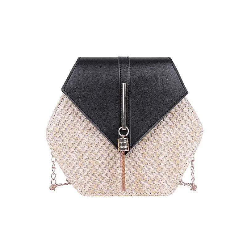 Hexagon Shape Straw PU Leather Handbag Women Summer Rattan Bag Handmade Woven Beach Bohemia Chain Strap Shoulder Crossbody Bags