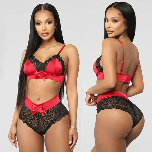 2 Piece Set Sexy Lingerie Set for Women Lace Patchwork Mesh Bow Three-point Strap Bra See-through Underwear Set New