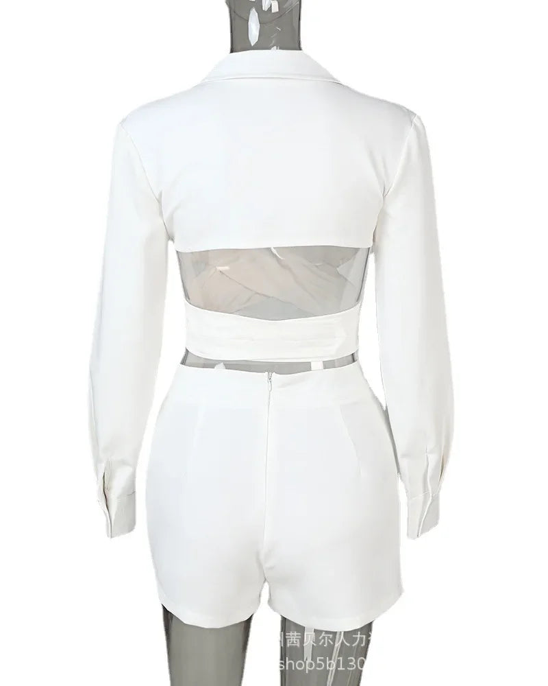 Women's Sets with Short and White V-neck Cross Top New Elegant Long Sleeved T-shirt and Half Pants Suit for Female Summer 2024