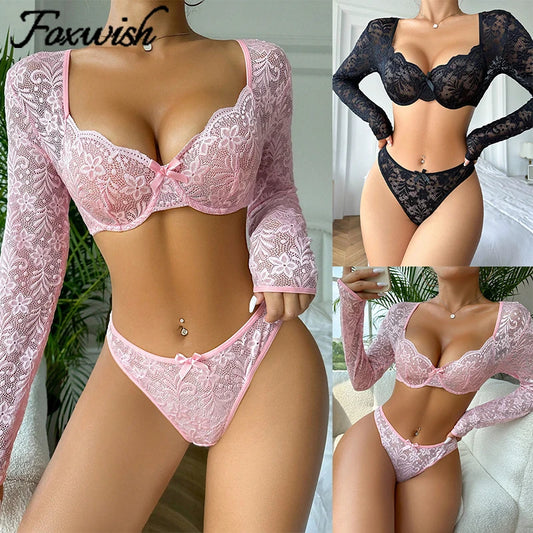 Sexy See Through Lingerie Long Sleeve Women Lace Underwear Bra Panty Set Censored Erotic Costumes Exotic Apparel