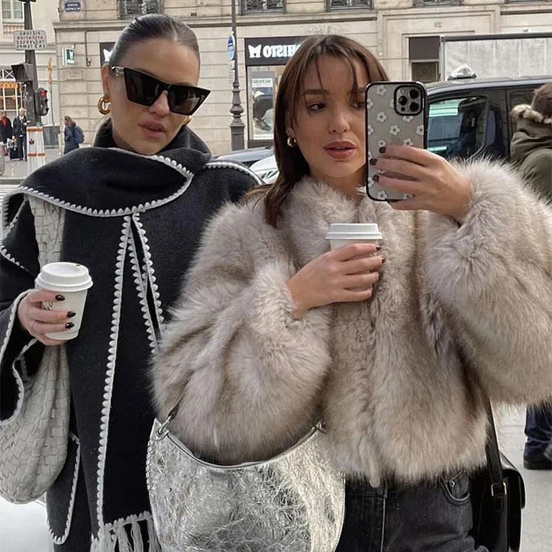 Women Warm Furry Long Sleeve Loose V Neck Female Outerwear Autumn Winter Fashion Street All Match Lady Overcoat