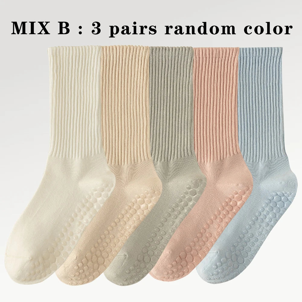 3 Pairs of Cotton Anti Slip Yoga Socks Medium Length Socks Solid Color Fitness Pilates Women's Sports Socks