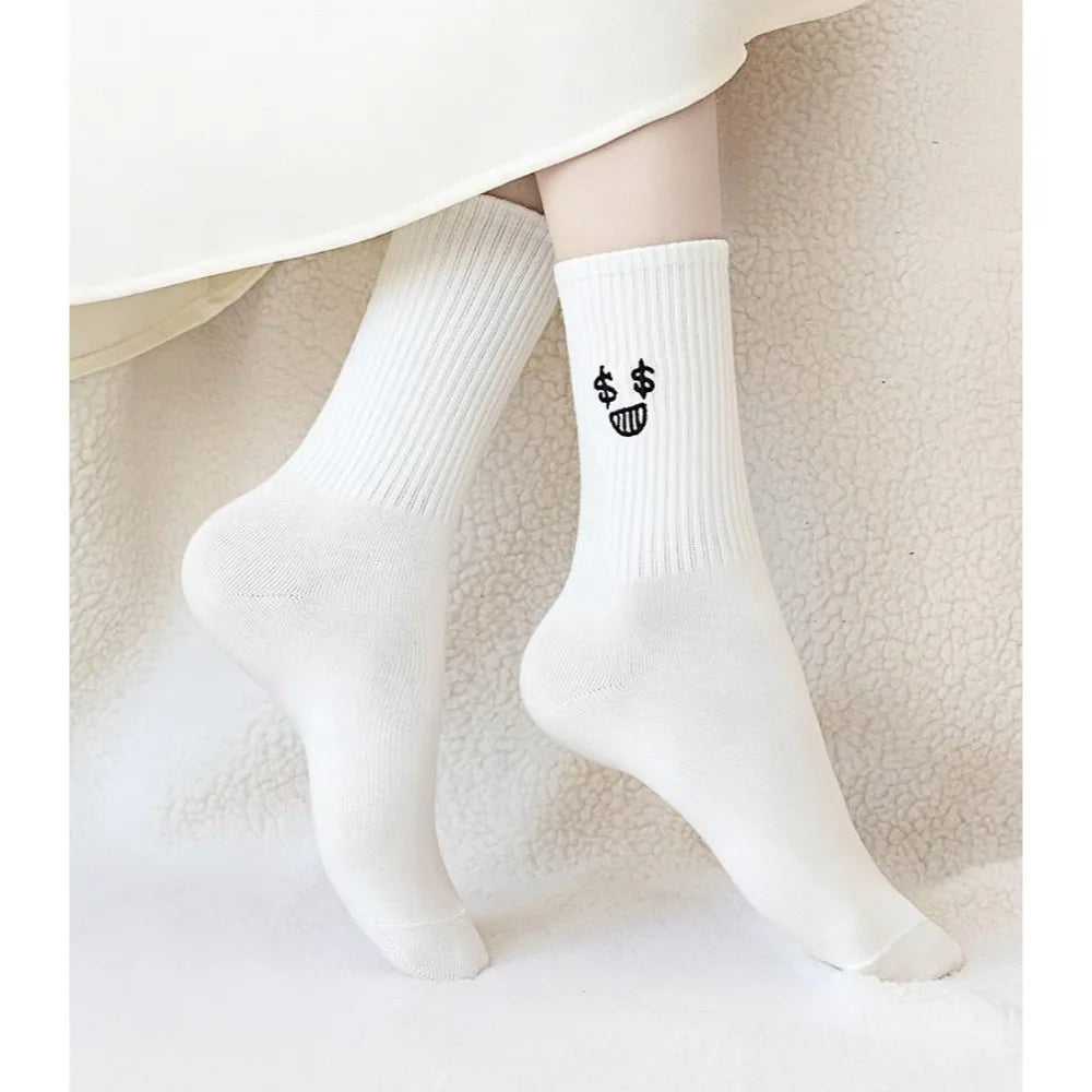 1/5 Pairs Women's socks, pure white socks, fall and winter long socks, thick plush cotton socks, cute emoticon bag socks