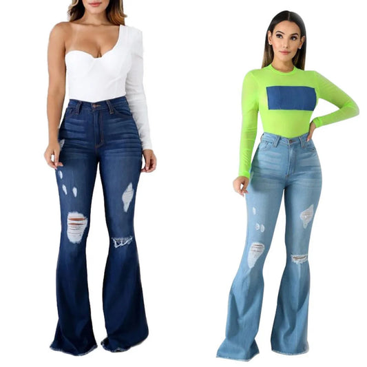 New High Waist Ripped Flared Jeans For Women Fashion Stretch Slim Denim Pants Casual Female Clothing S-3XL