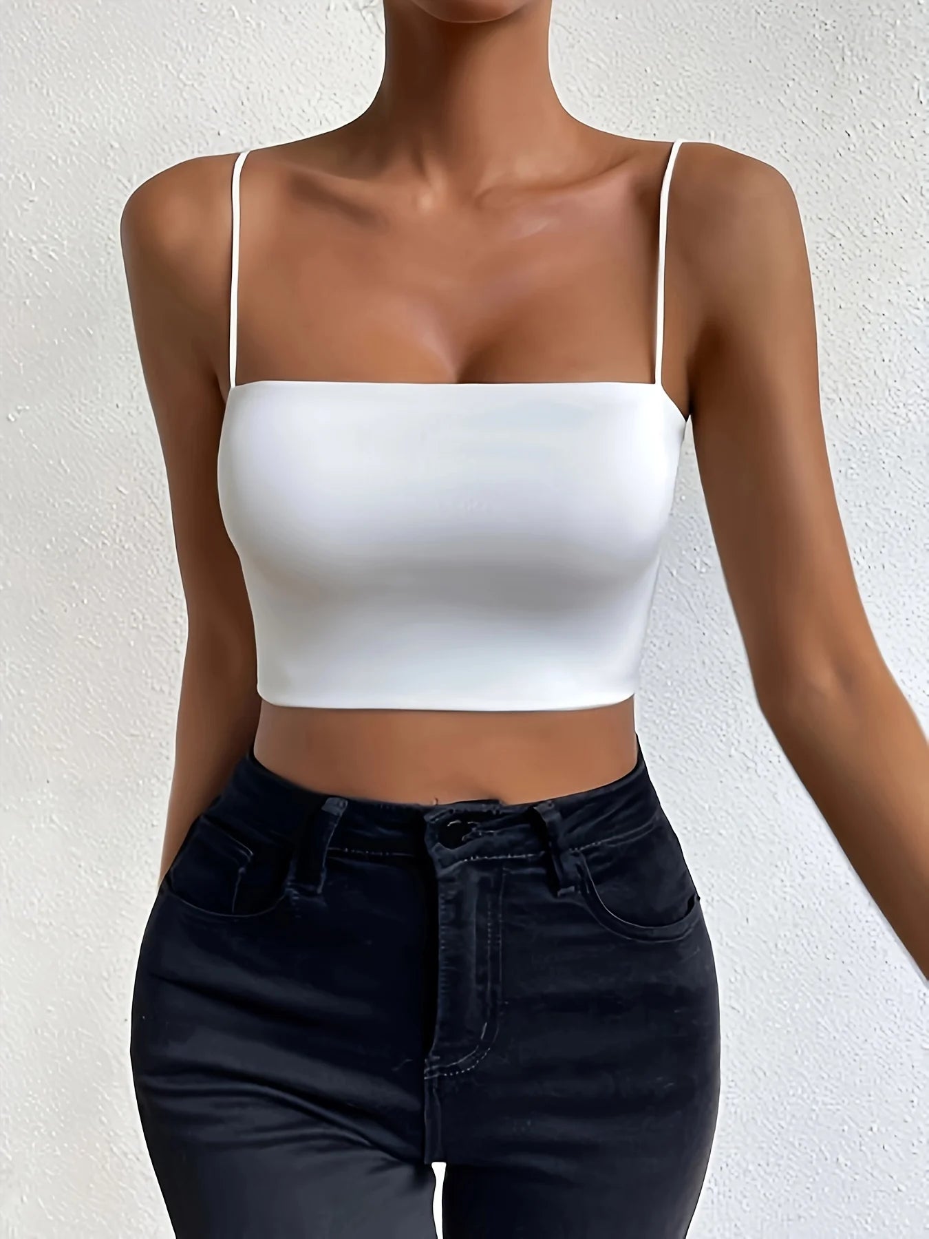 Stylish Solid Spaghetti Strap Cami Crop Top - Flattering Sleeveless and Backless Design - Lightweight, Fashion Forward Women's Clothing