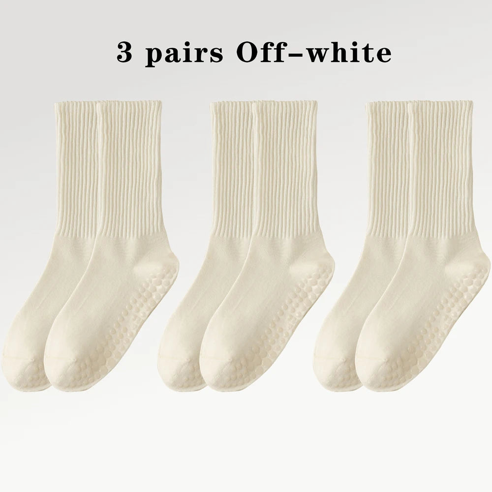 3 Pairs of Cotton Anti Slip Yoga Socks Medium Length Socks Solid Color Fitness Pilates Women's Sports Socks