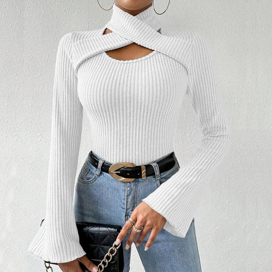 Women's T-Shirts Winter Casual Korean Cut-Out Solid Color Long Sleeve High-Neck Daily T-Shirts