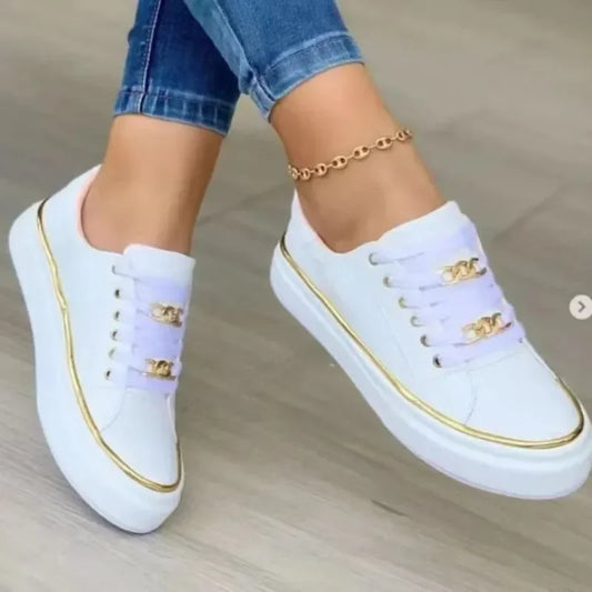 Women's Sneakers New Fashion Chain Leather Comfortable Round Toe Platform Sneakers Lace-up Walking
