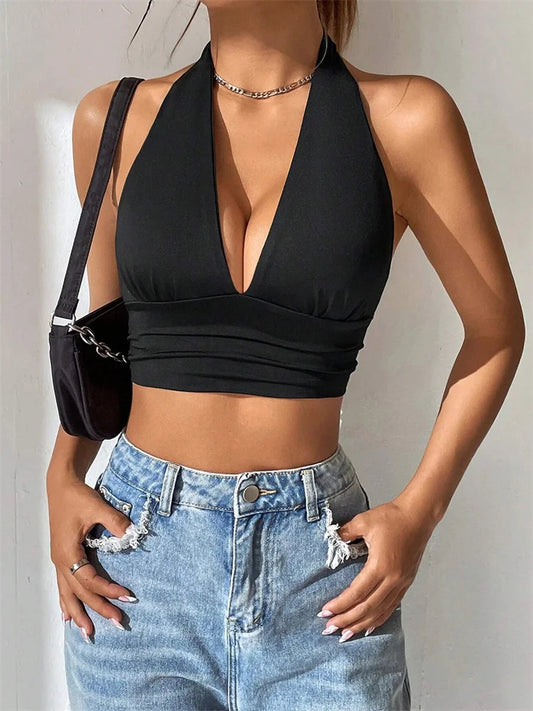 Sleeveless Backless Deep V-neck Halter Top Women Summer Club Party Sexy Solid Color Crop Tops Streetwear Y2K Clothes