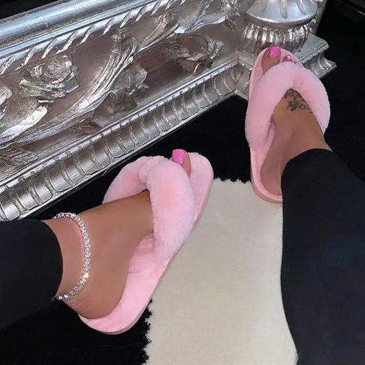 Winter Women House Slippers Faux Fur Warm Flat Shoes Female Slip Home Ladies Slippers Size 36-43