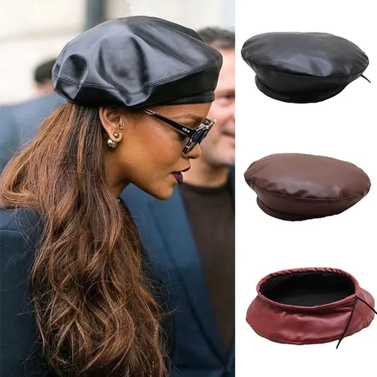 Women Beret French Artist Warm Wool Winter Beanie Hat Cap Vintage Plain Beret Hats Solid Color Elegant Lady leather Caps