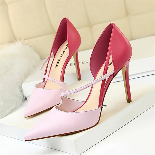New Summer Women Fashion Sweet Pointed Toe High Heel Sandals Patchwork Hollow Party Ankle Strap Yellow Pink Single Shoes
