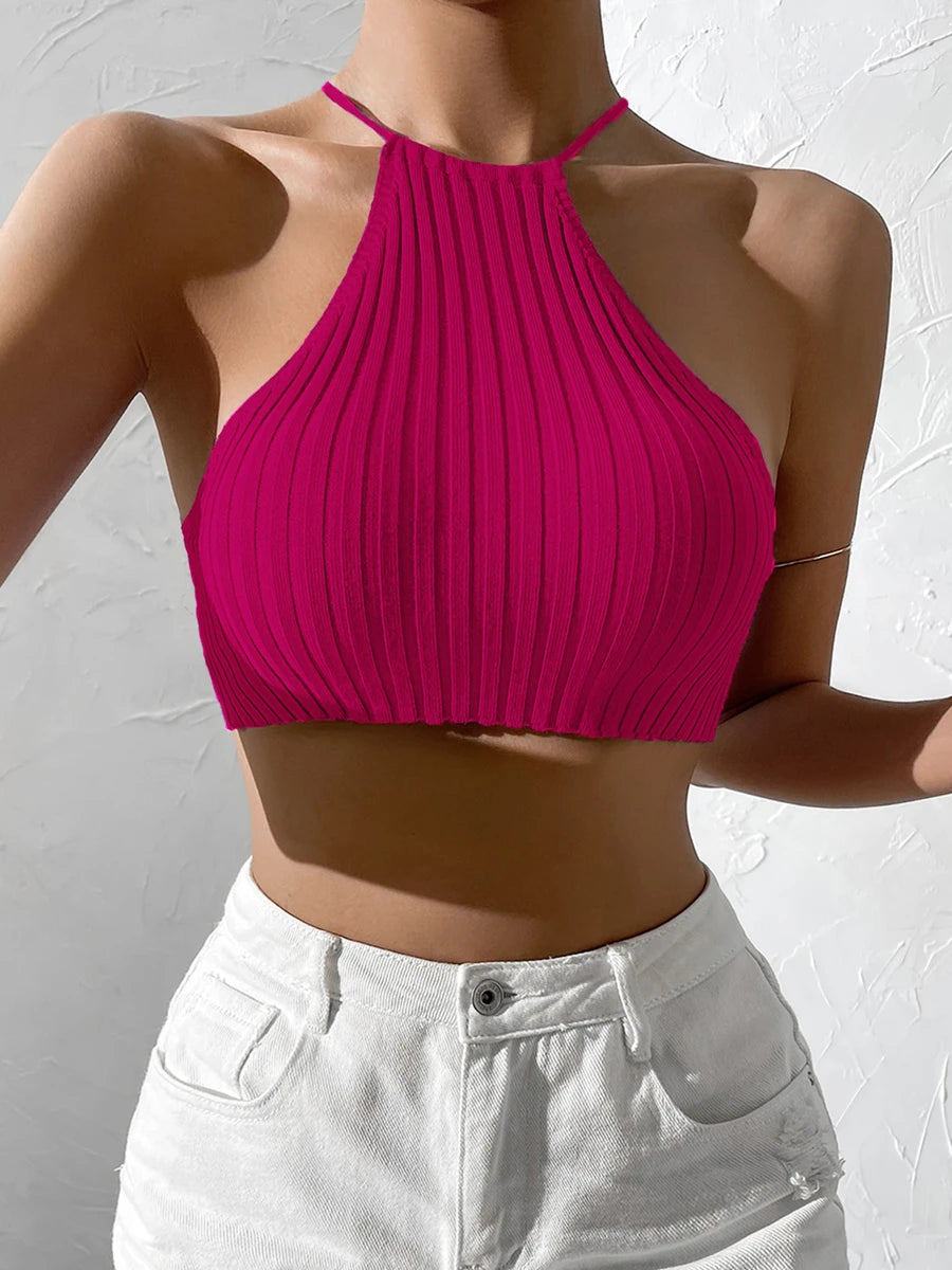 Women Summer Tie Backless Crop Halter Knit  Top Crossfit Y2K Crop Top Clothes Femme Sexy Casual Drawstring Cropped Beach Tank
