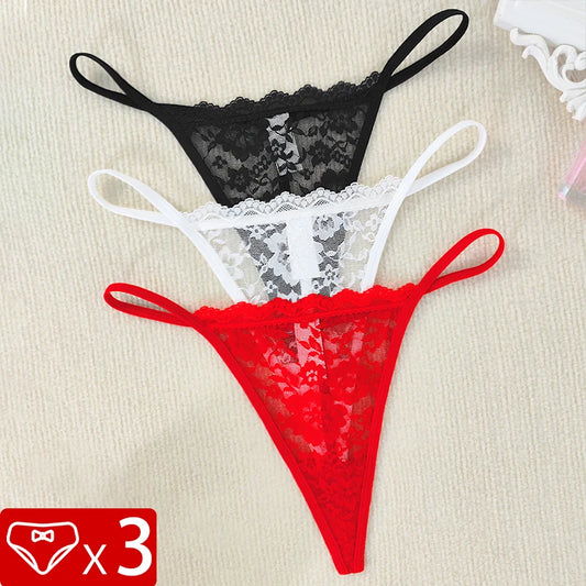 3pcs Low Rise Sexy Lace Women Thongs Hot Sale Breathable Intimate Lingerie Perspective Floral Panties Ladies G-string T-back