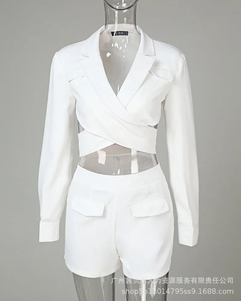 Women's Sets with Short and White V-neck Cross Top New Elegant Long Sleeved T-shirt and Half Pants Suit for Female Summer 2024