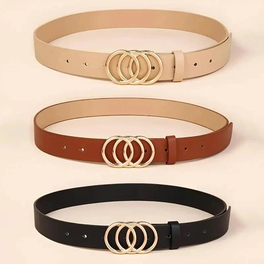 1pc Women Belt Trend Triple Round Buckle Belt Simple Versatile Youth Belt PU Leather Belt Combined With Jeans Dress Women's Belts
