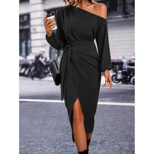 Women's Dresses All Season Elegant Plain Fold Asymmetrical Design Long Sleeve One-Shoulder MIDI Fashion Dresses
