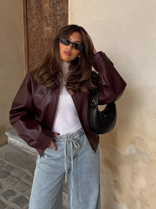 Women's Warm Jacket Elegant Long Sleeves Zipper Crop Coats Autumn Female Commuting Street Tops ﻿