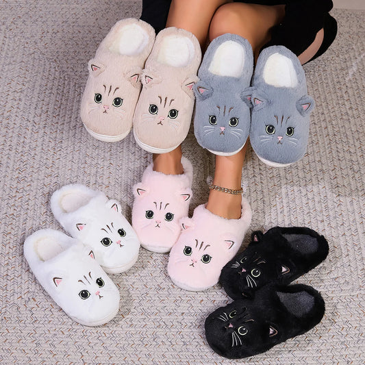 Cartoon Cat Fuzzy Slippers - Ultra Soft Fabric Inner, Plush Flat Sole, Cozy Warmth.