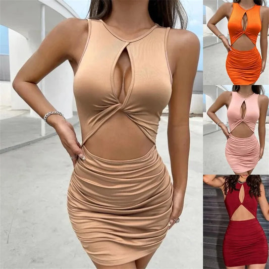 summer women's sheath dress sexy hollow pleated slip dress
