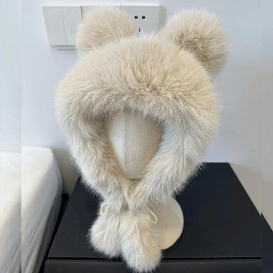 Women Cute Bear Ear Kawaii Fox Fur Hat Imitation Mink Plush Winter Warm Thickened