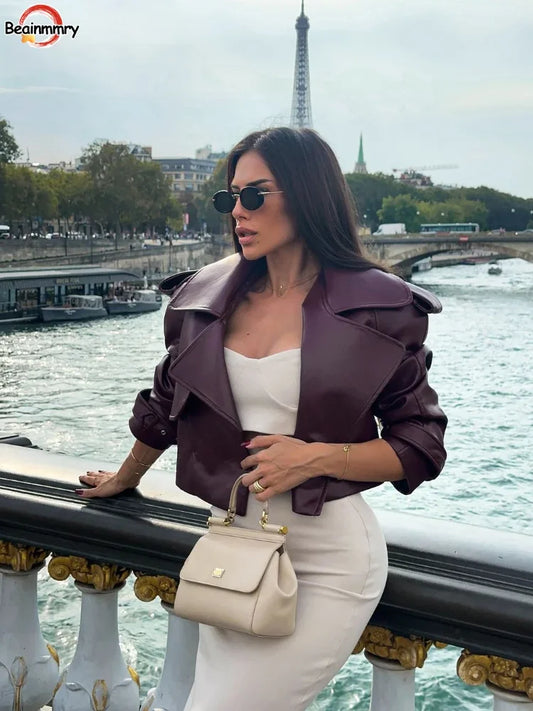 New Women Burgundy Lapel Leather Jackets Fashion Casual Loose Pockets Long Sleeve Coats Spring Female High Street Outerwear