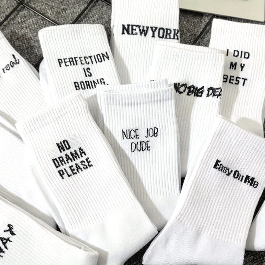 Simple European and American street letters white women's socks