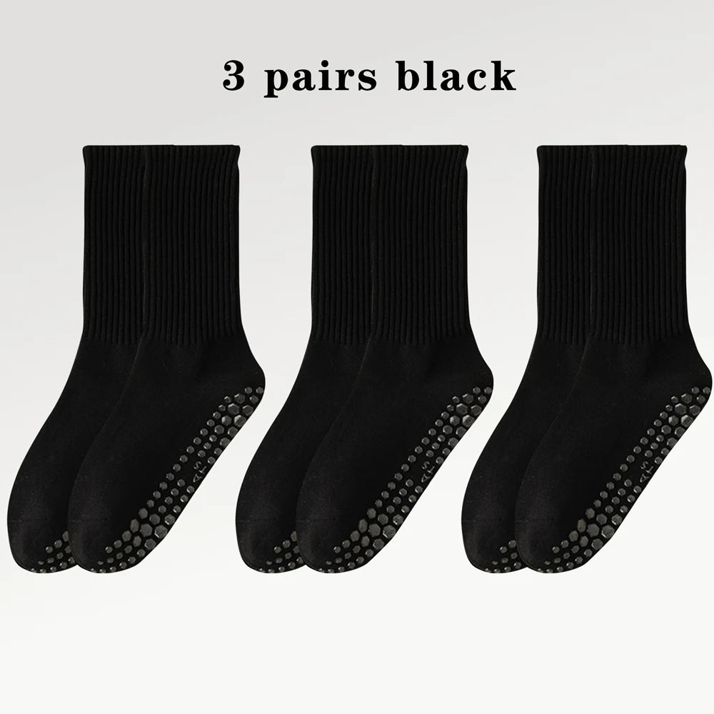 3 Pairs of Cotton Anti Slip Yoga Socks Medium Length Socks Solid Color Fitness Pilates Women's Sports Socks