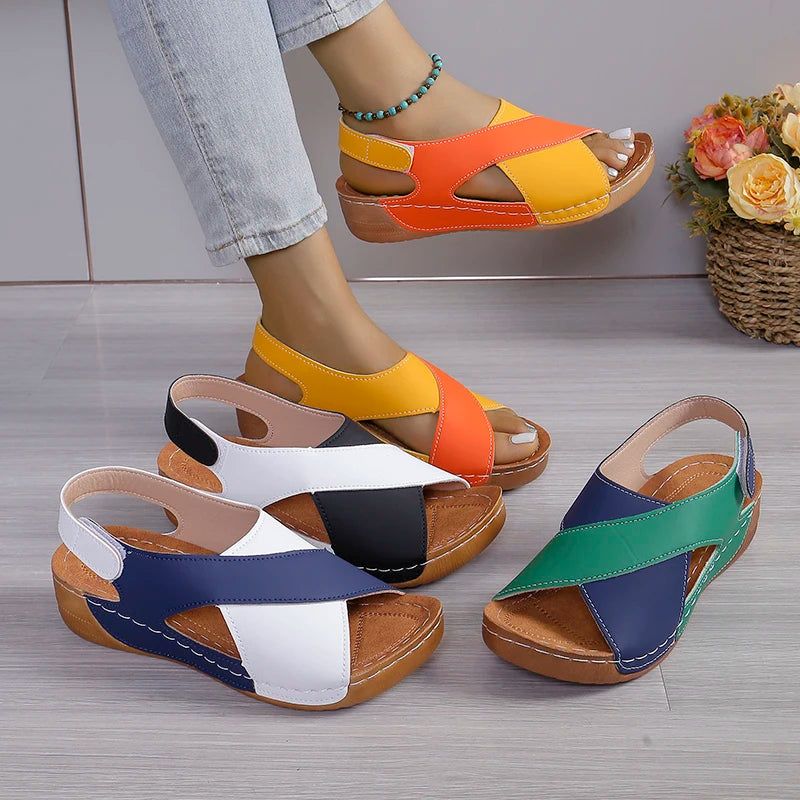 New women's contrast color sandals, pink peep toe, non-slip beach shoes, woman, comfortable platform, Roman sandals