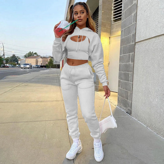 Autumn Winter 3Pcs Set Women Tracksuit Long Sleeve Solid Outfit Sports Suit
