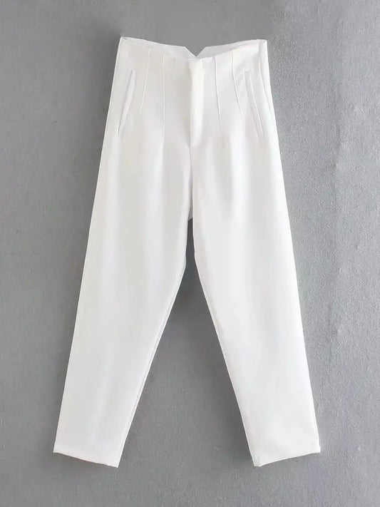 Women Light Blue Chic Fashion Office Wear Straight Pants Vintage High Waist Zipper Fly Female Trousers Fashion 2025 Pants