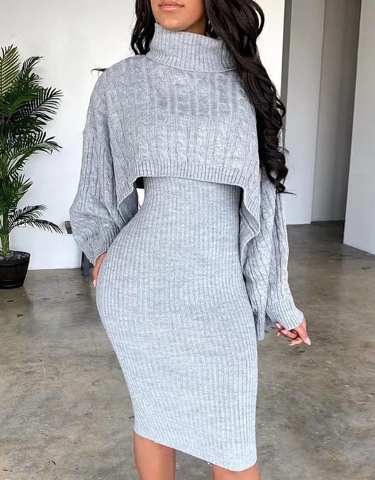 Women's Sweater Dress Set Autumn Winter New 2025 Solid Turtleneck Ribbed Sweater & Knitted Strap Dress Sets Matching Outfit